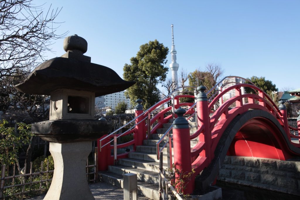 Taiko Bridge and Sky Tree at Kameido Tenjin Shrine